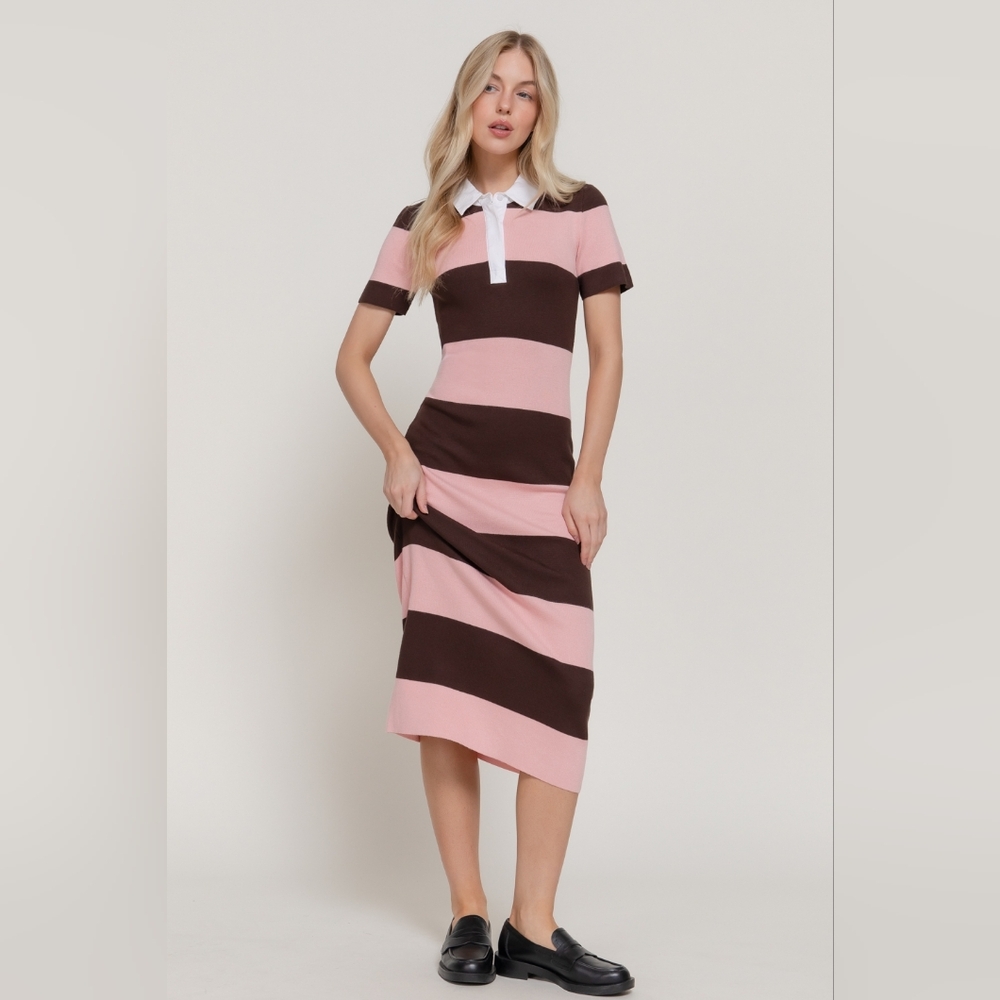 Active USA Striped Knit Polo Midi Dress - Pink & Brown Preppy Collared Sheath - Picture 3 of 15
